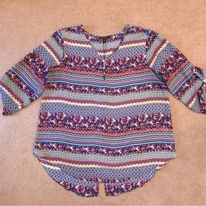 Sami Jo Printed Semi Sheer Summer Blouse Plus Size 1X Blue Pink High Low Hemline